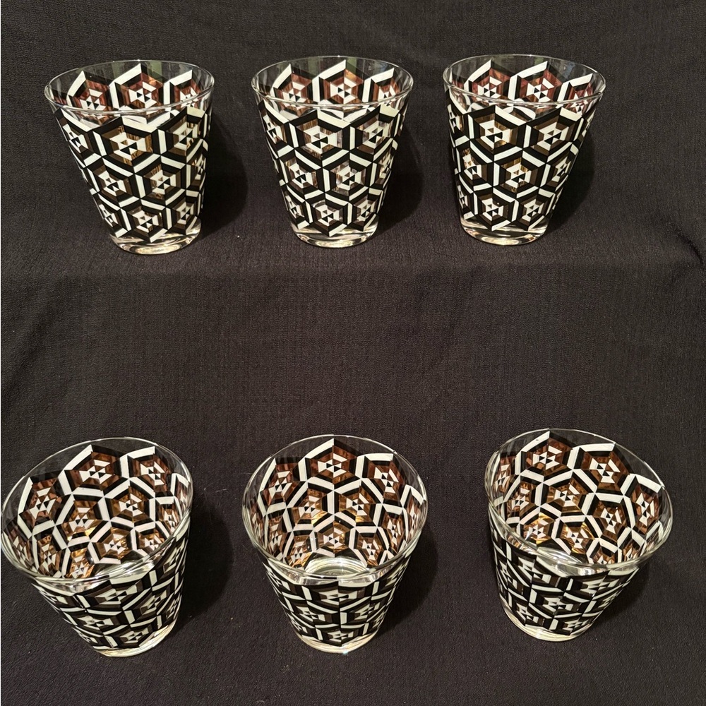6 Low Ball Rocks Glasses - Geometric -Black Gold and White - Mid Century Modern